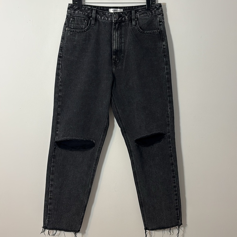 Vigold Denim‎ Billie 90s Jean Women Size 9 Black Wash Distressed Ripped Raw Hem